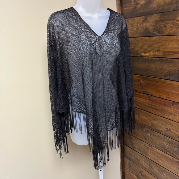 Sweaters - Vintage Elegant Black Fringe Sweater shawl shimmery knit 100% acetate